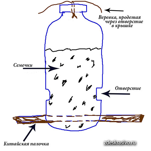 схема, как сделать самую простую кормушку для птиц из пластиковой бутылки