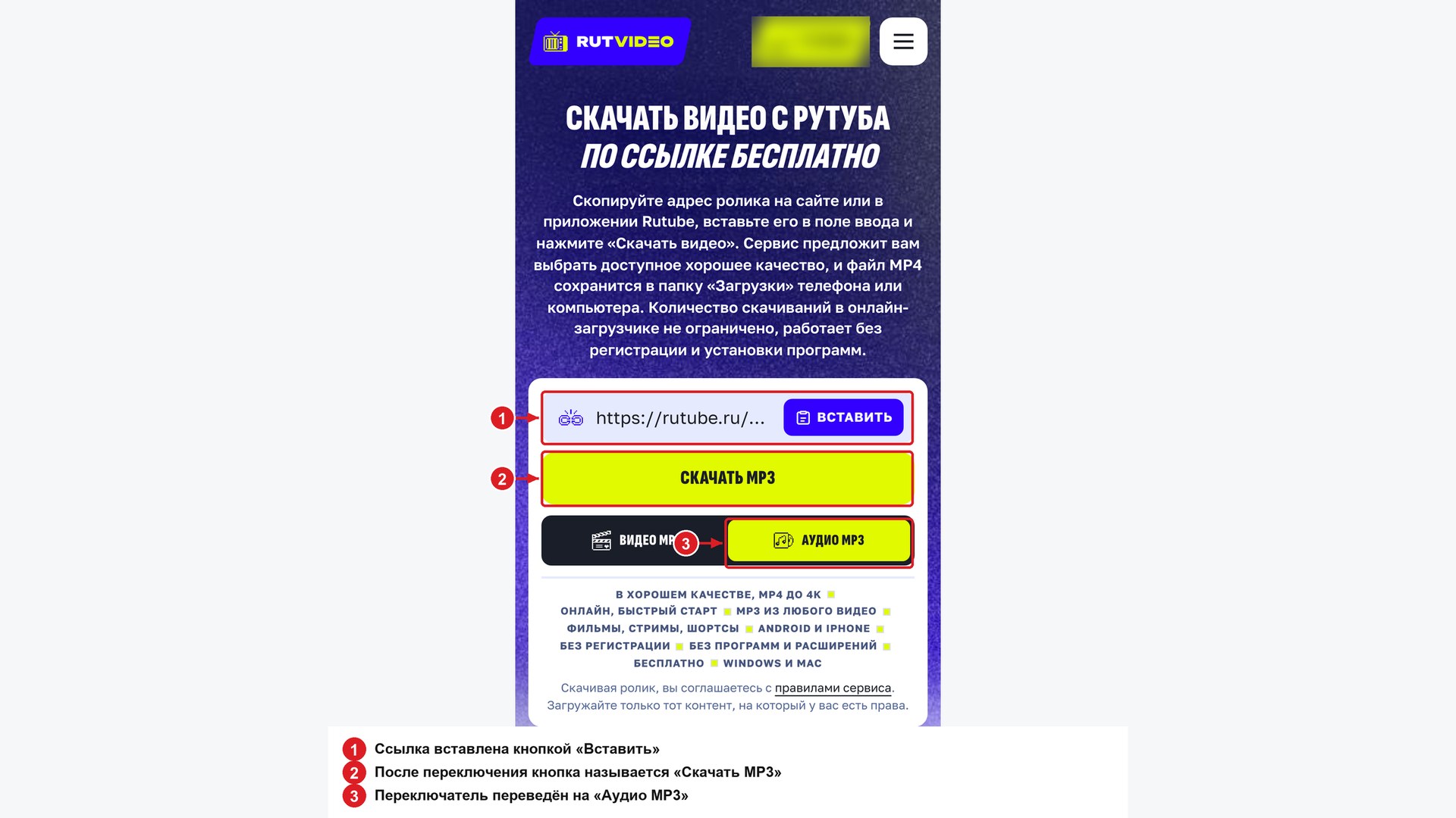 RutVideo на телефоне: после переключения на «Аудио MP3» кнопка называется «Скачать MP3