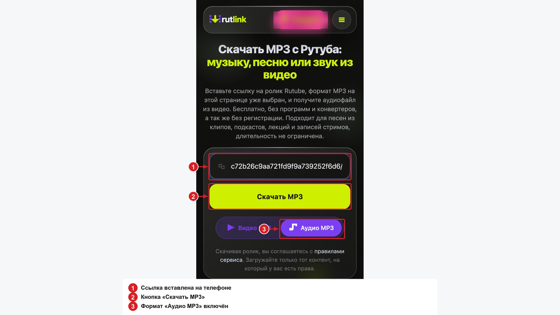 Страница RutLink для звука в браузере телефона: ссылка вставлена, формат MP3 включён